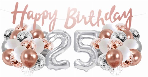 Zestaw balonów 25 urodziny Rose gold srebrne Baner Happy Birthday Balony