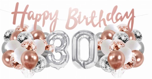 Zestaw balonów 30 urodziny Rose gold srebrne Baner Happy Birthday 30stka