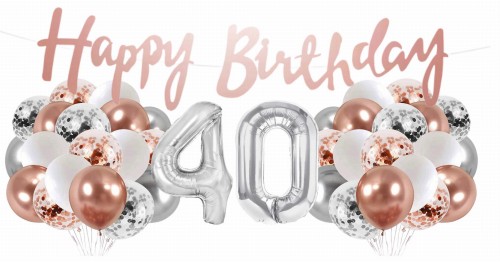 Zestaw balonów 40 urodziny Rose gold srebrne Baner Happy Birthday 40stka