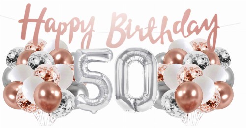 Zestaw balonów 50 urodziny Rose gold srebrne Baner Happy Birthday 50tka