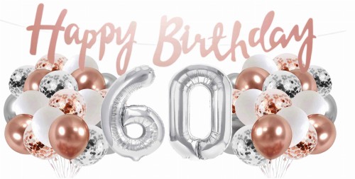Zestaw balonów 60 urodziny Rose gold srebrne Baner Happy Birthday 60tka