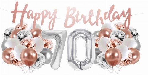 Zestaw balonów 70 urodziny Rose gold srebrne Baner Happy Birthday 70tka