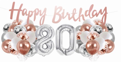 Zestaw balonów 80 urodziny Rose gold srebrne Baner Happy Birthday 80tka