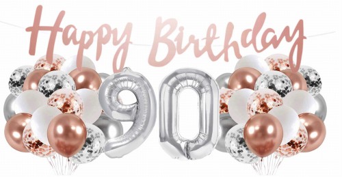 Zestaw balonów 90 urodziny Rose gold srebrne Baner Happy Birthday 90tka
