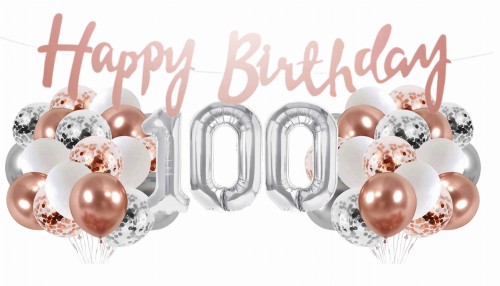 Zestaw balonów 100 urodziny Rose gold srebrne Baner Happy Birthday 80tka
