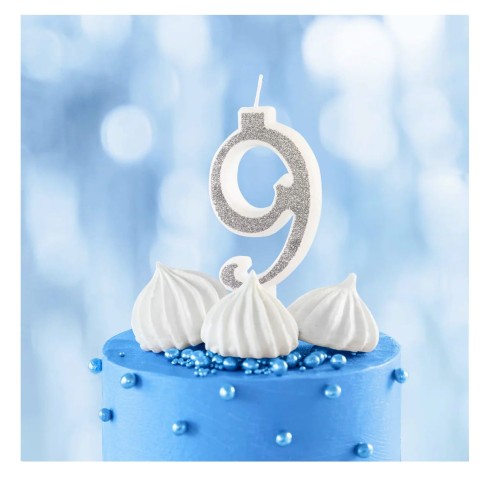 Świeczka cyfra srebrna z brokatem 9 1.jpg