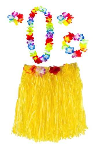 Spódniczka żółta Hawajska Wianek Opaska Bransoletki Zestaw Urodziny Set