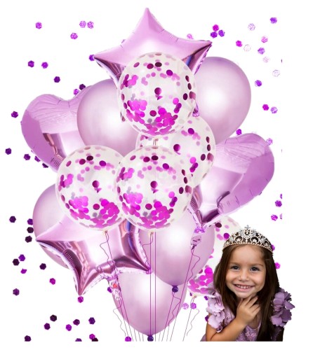 Bukiet balonów liliowe jasny fioletowy serca gwiazdy Walentynki