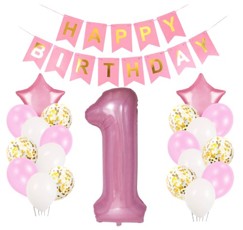 Zestaw balonów na Roczek różowe cyfra 1 na urodziny