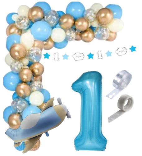 Girlanda balonowa Roczek chłopca błękitna Cyfra 1 Baner samolot Urodziny