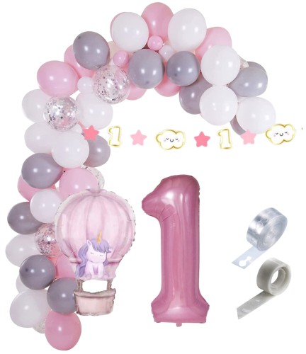 Girlanda balonowa Roczek Dziewczynki Cyfra Jednorożec różowa zestaw Baner