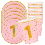 Kubki talerzyki Roczek Dziewczynki 1st birthday Tort Urodzinowy różowe 12el