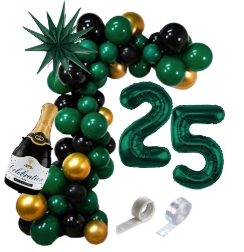 Girlanda balonowa 25 Urodziny Butelkowa zieleń Cyfry Szampan ZESTAW Hel