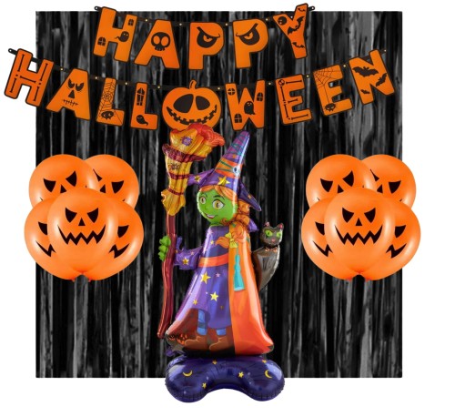 Balony na Halloween Zestaw z kutyną Baner Czarownica z miotłą Kot Wiedźma