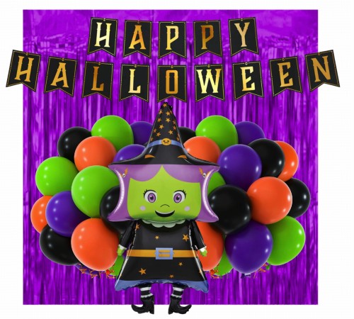 Zestaw dekoracji na Halloween Balony Kurtyna fioletowa ścianka Wiedźma