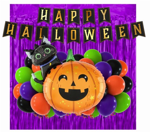 Zestaw dekoracji na Halloween Balony Kurtyna Dynia z Kotkiem Happy