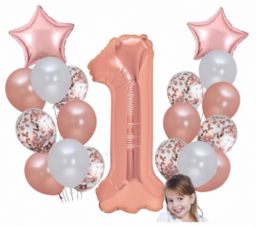 Zestaw balonów Roczek Urodziny Dziewczynki Rose Gold cyfra 1 100cm balony