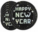 Talerzyk papierowy Happy New Year czarno-srebrny 7cali 6szt.