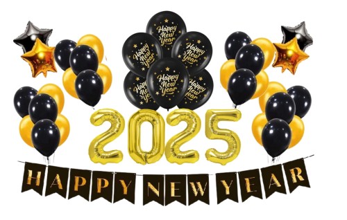 Zestaw balonów na Sylwestra złoty Baner Happy New Year 2025 złote cyfry