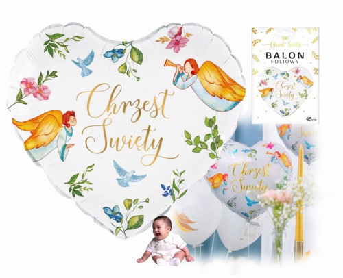 Balon foliowy serce Chrzest  Święty Anioły 45cm