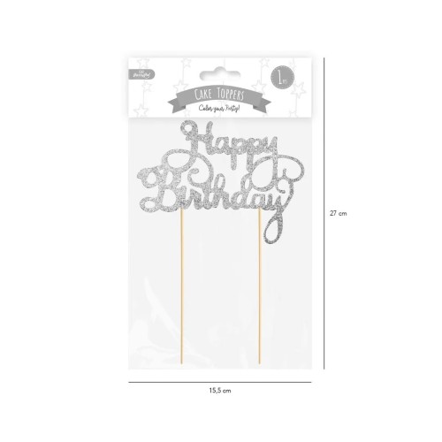 Topper na tort Happy Birthday brokatowy srebrny 1szt..jpg