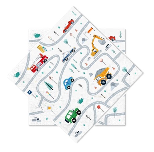 Serwetki papierowe białe z nadrukiem Auta Straż Koparka 10 szt