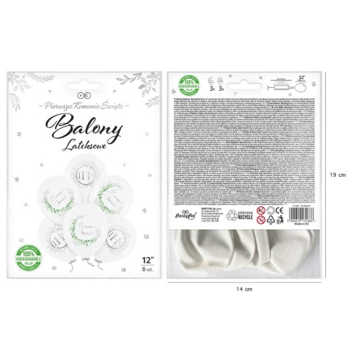 Balony komunijne biodegradowalne Eukaliptus srebrny 12cali 6szt. zestaw.jpg