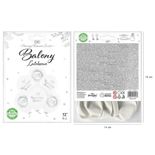 Balony komunijne biodegradowalne biało-srebrne 12cali 6szt. zestaw.jpg