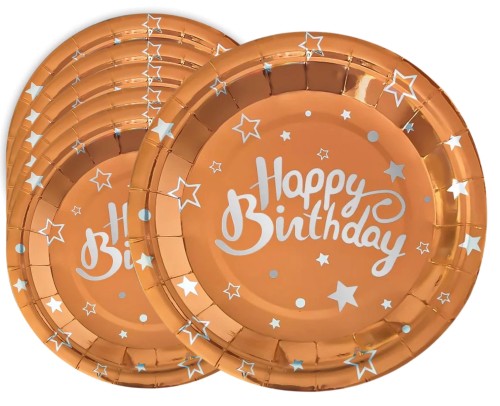 Talerzyki papierowe rose gold Happy Birthday 7cali 6szt.