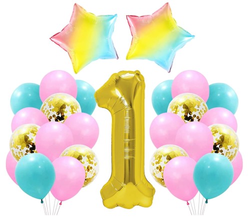 BALONY ROCZEK dziewczynki Zestaw balonów cyfra 1 złota tęczowe kolorowe gwiazdy