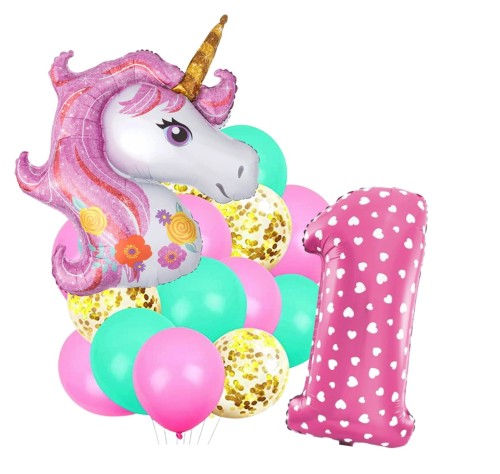 Zestaw BALONÓW TĘCZOWE Jednorożec Cyfra 1 18szt Konfetti URODZINY