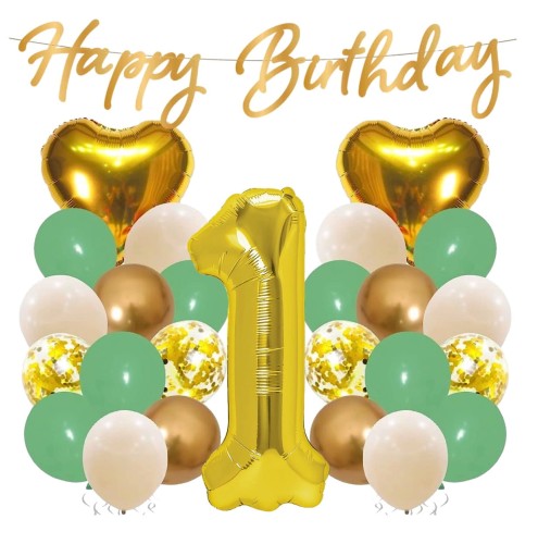 Zestaw BALONÓW URODZINY Cyfra 1 ZŁOTE SERCA 24szt Girlanda KONFETTI
