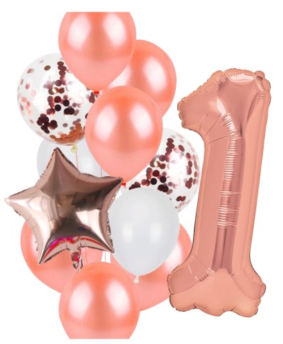 Balony Roczek DZIEWCZYNKI CYFRA ROSE GOLD 1 ZESTAW balonów z konfetti