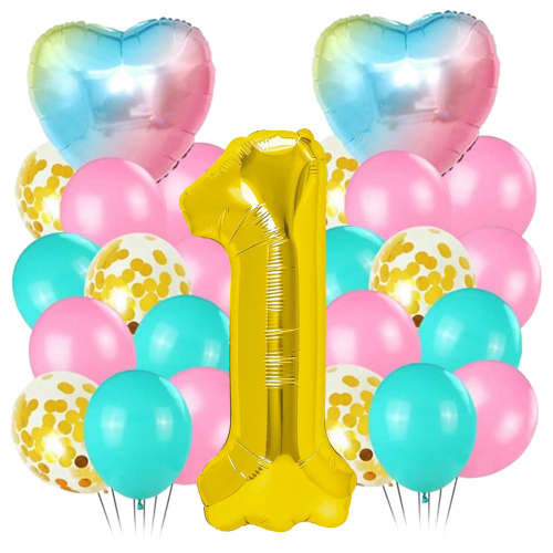 Zestaw balonów ROCZEK dziewczynki cyfra 1 tęczowe z konfetti 25 sztuk serce