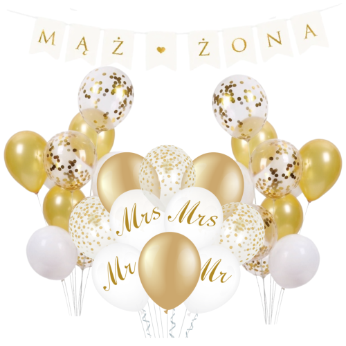 Balony na wesele zestaw BANER maż żona złote białe z konfetti hel Girlanda