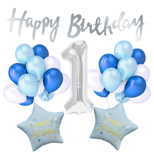 Zestaw ROCZEK CHŁOPCA balony baner Happy Birthday cyfra 1 srebrna GWIAZDY