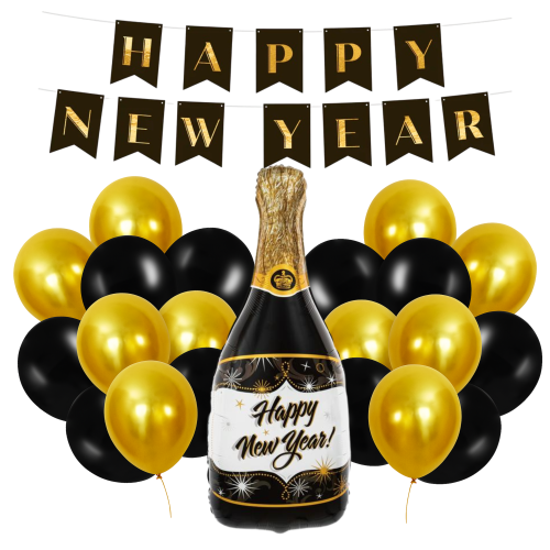 BALONY na Sylwestra szampan Happy New Year zestaw balonów czarno złote HEL