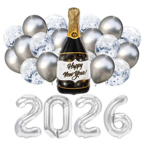 Balony na Sylwestra srebrne Happy New Year Zestaw Szampan Cyfry