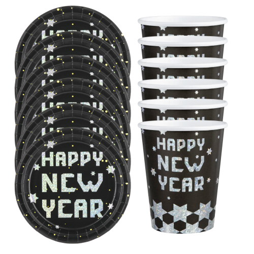Zestaw Sylwestrowy naczynia jednorazowe kubki talerzyki papierowe Happy New Year.png