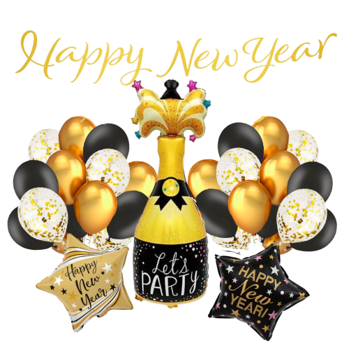 Zestaw balonów Balony Baner Sylwester 2026 Happy New Year Szampan Czarno złote