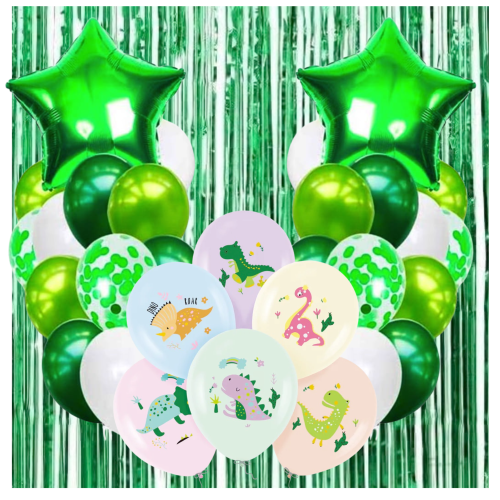 Zestaw balonów URODZINY dinozaury balony zielone Gwiazda KURTYNA 100x200cm