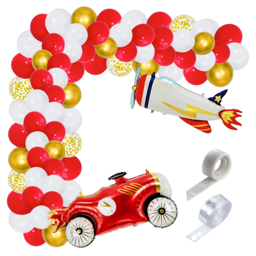 Girlanda balonowa urodziny chłopca AUTO Samolot zestaw balonów taśma kropki