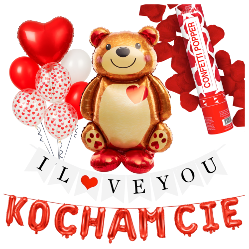 Balony Walentynki Kocham Cie napis Zestaw balonów I LOVE YOU tuba konfetti
