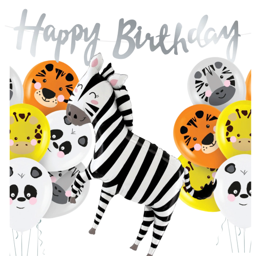 Zestaw balonów Safari Zoo zwierzątka URODZINY Roczek baner Happy Birthday