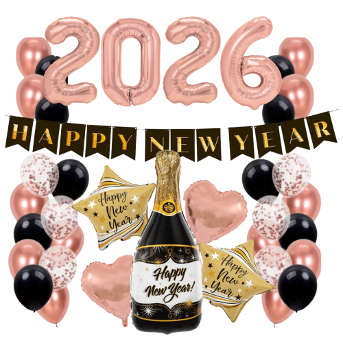 Balony Sylwestrowe Zestaw balonów Rose Gold na Sylwestra Baner Szampan 2026