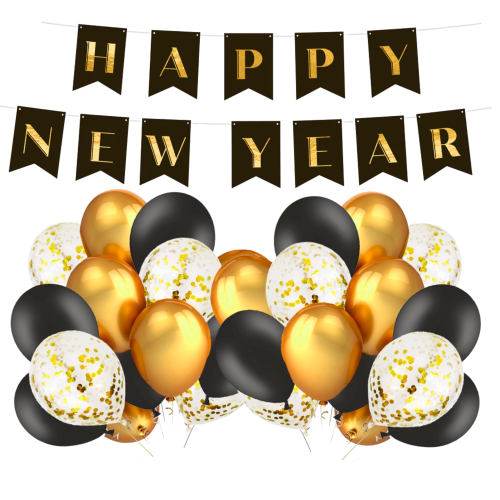 Zestaw balonów HAPPY NEW YEAR balony złote czarne z konfetti Sylwester HEL