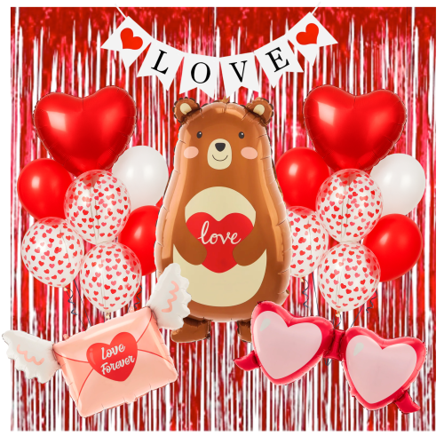 Balony Walentynki zestaw Baner Love Miś z sercem Kurtyna Konfetti ścianka .png