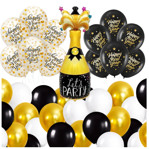 Dekoracja na Sylwestra SZAMPAN zestaw balonów Happy New Year DUŻO BALONÓW
