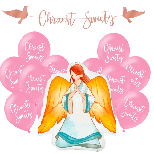 Balony na Chrzest Święty dziewczynki różowe balony Baner Anioł Stróż zestaw