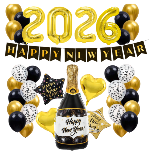 Zestaw na Sylwestra Baner Happy New Year cyfry 2026 Balony Szampan Dekoracje.png